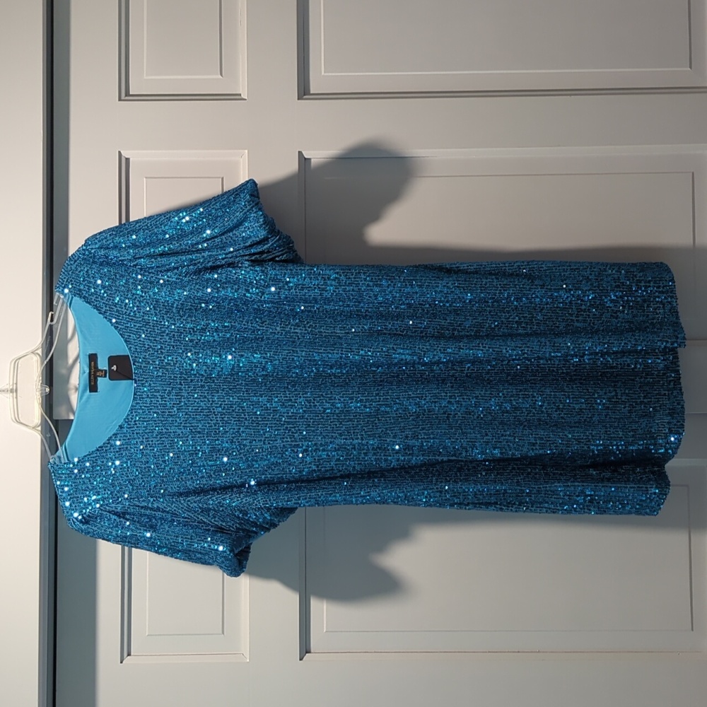 Blue Sequin Short Bell Sleeve Dress By Ellen Weaver Size XL